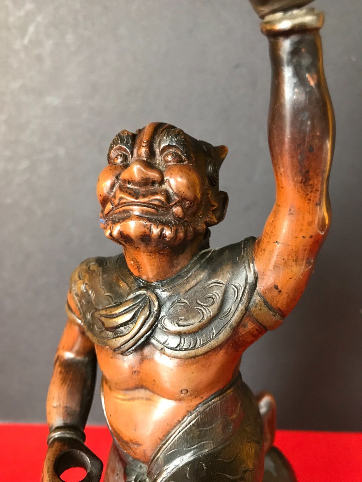 Antique Japanese Late Edo Period Bronze of Oni (Demon Ghost) Holding a Glass Bal
