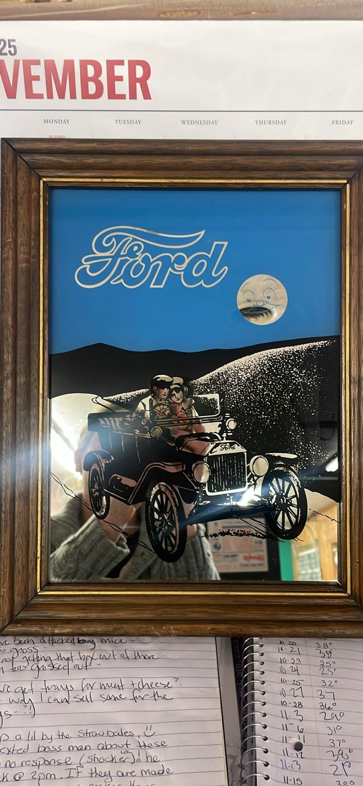 (000) Framed Mirror: Picture of Ford Car and Moon