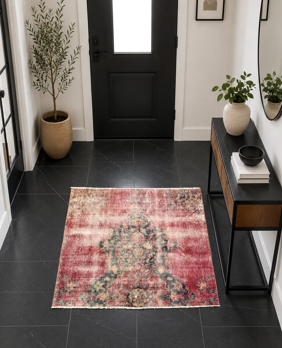 Red Turkish Vintage Small Rug, 3.7×3.9ft, Red Antique Handmade Front Door Mat