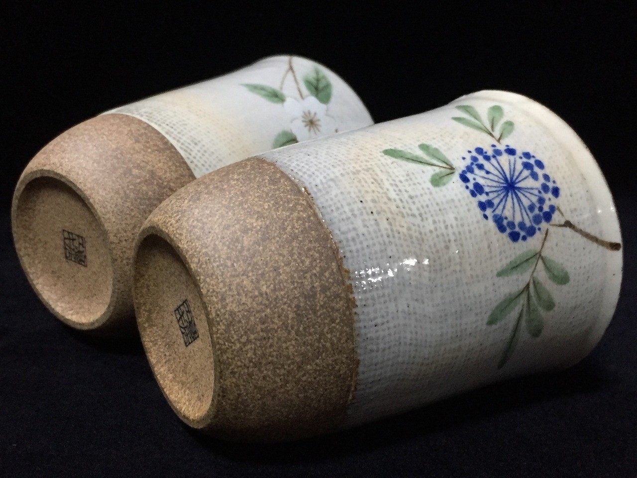 L1941 Vintage Japanese Yunomi Tea Cups Set of 2 Floral Ceramic Pottery Signed