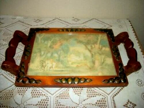 Cottagecore 1930s Folk Art Tray Vanity Serving Handmade French Toile Fabric OOAK