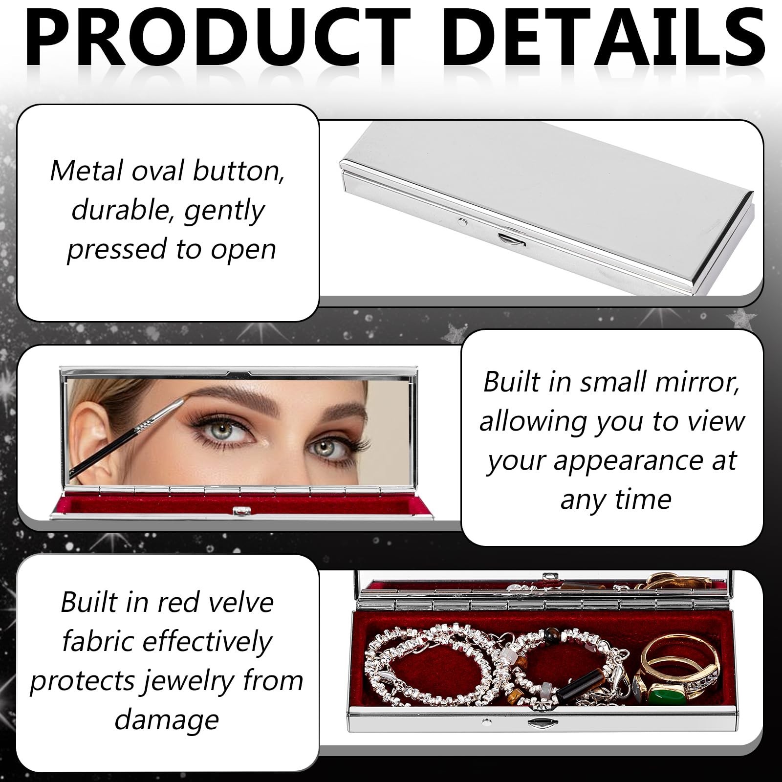 Rectangular metal jewelry box with red velvet fabric and mirror inside (Silve…