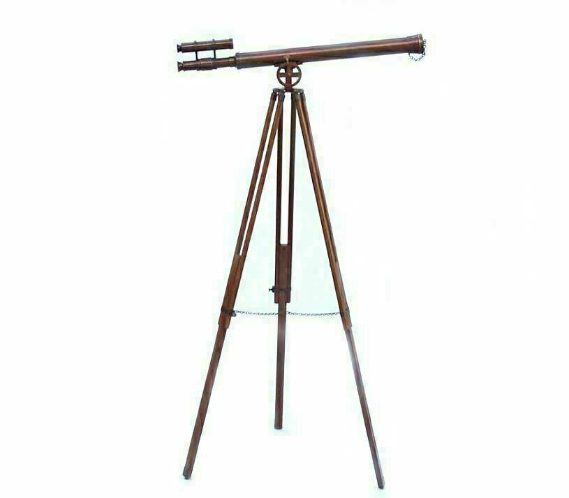 Antique nautical floor standing brass 39 inch telescope with wooden tripod stand