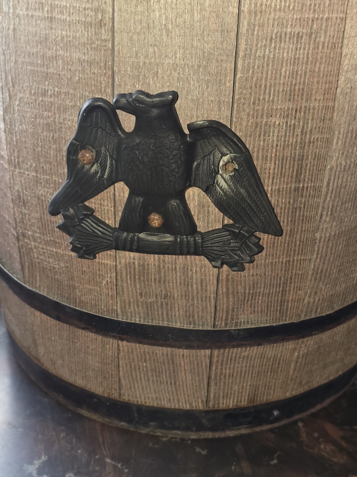 Vintage Rustic Wooden Slat Barrel With American Eagle And Rope Handles 14″ × 11″
