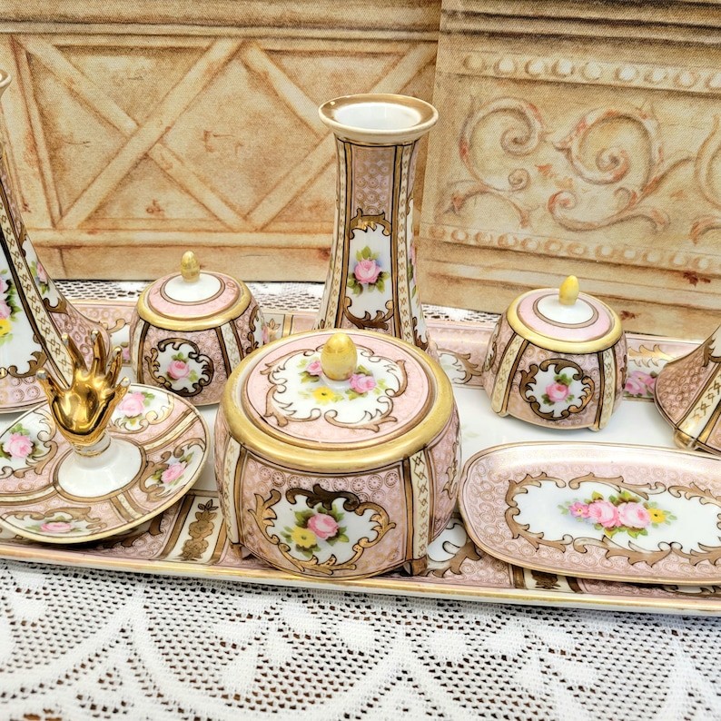 Antique Noritake Porcelain Dressing Table Set, Hand painted Pink and Yellow Rose