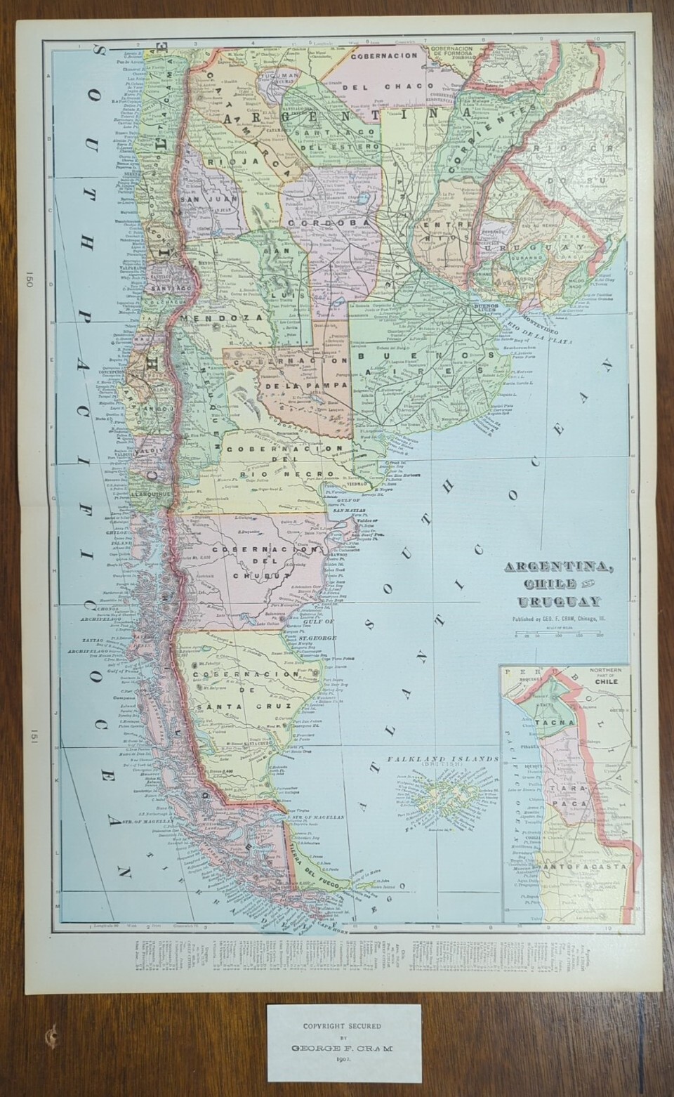 Vintage 1902 ARGENTINA CHILE URUGUAY Map 14″x22″ ~ Old Antique Original SANTIAGO