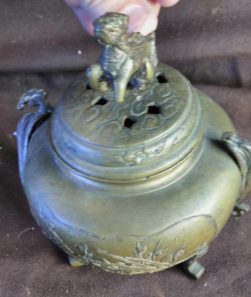 Antique Old Chinese Brass or Bronze Censor Incense Burner Urn Metal Foo Dog Urn