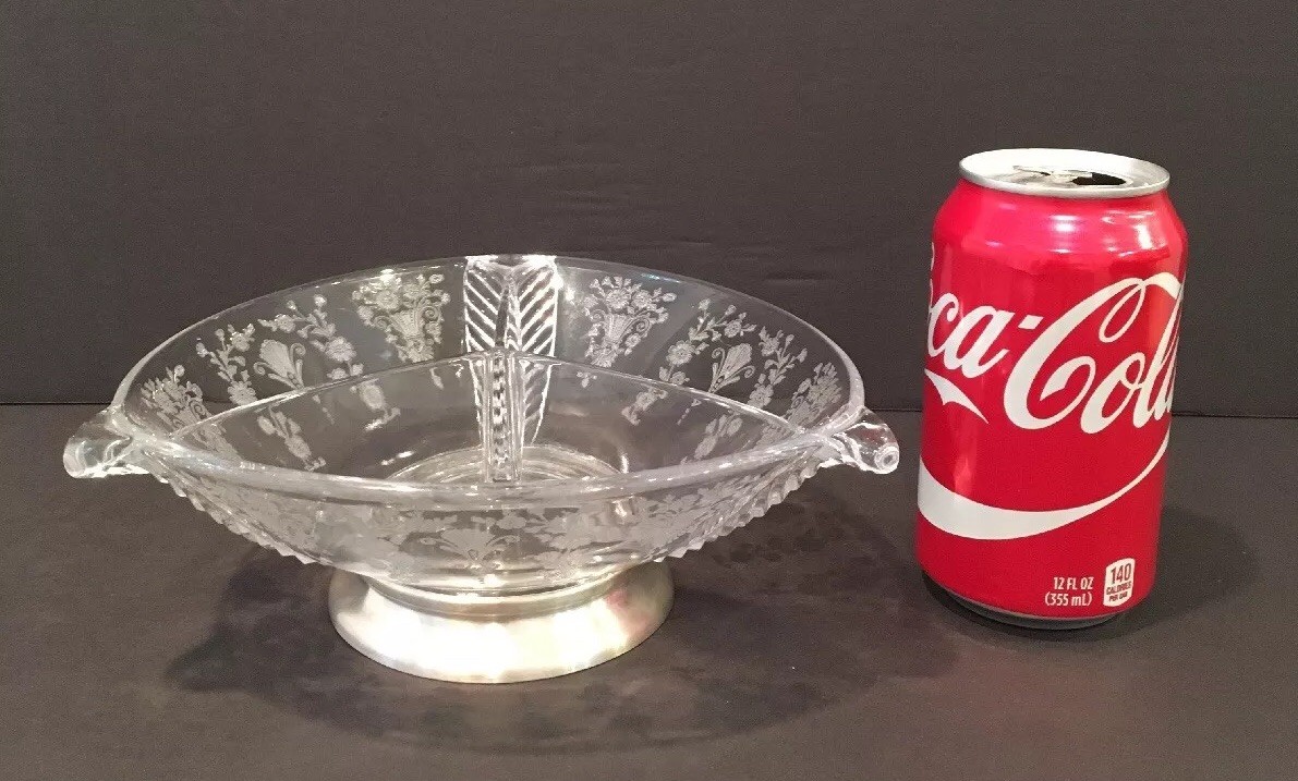 Vintage Duncan Miller Glass Feather #711 Dish With Solid Sterling Silver Base