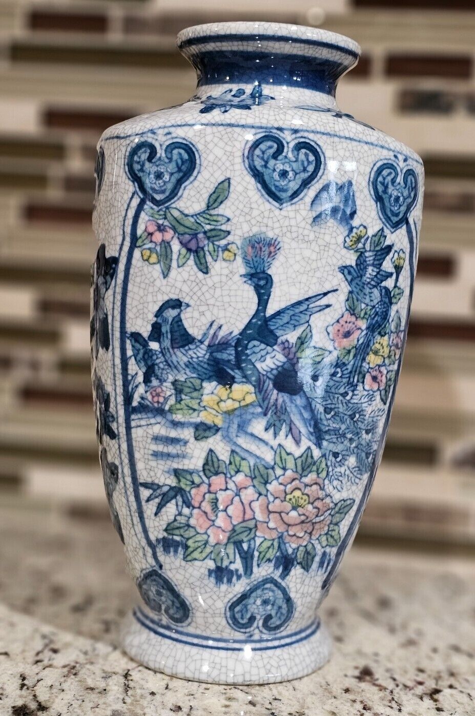 Vintage Porcelain Peacock Vase, blue & White with flowers “CMI”