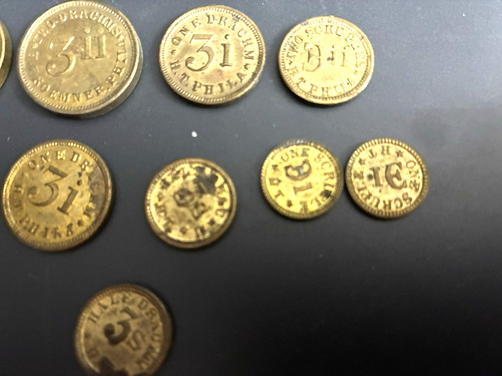 10 Antique Henry Troemner Apothecary Drachms Tokens, Philadelphia, 17mm to 22mm