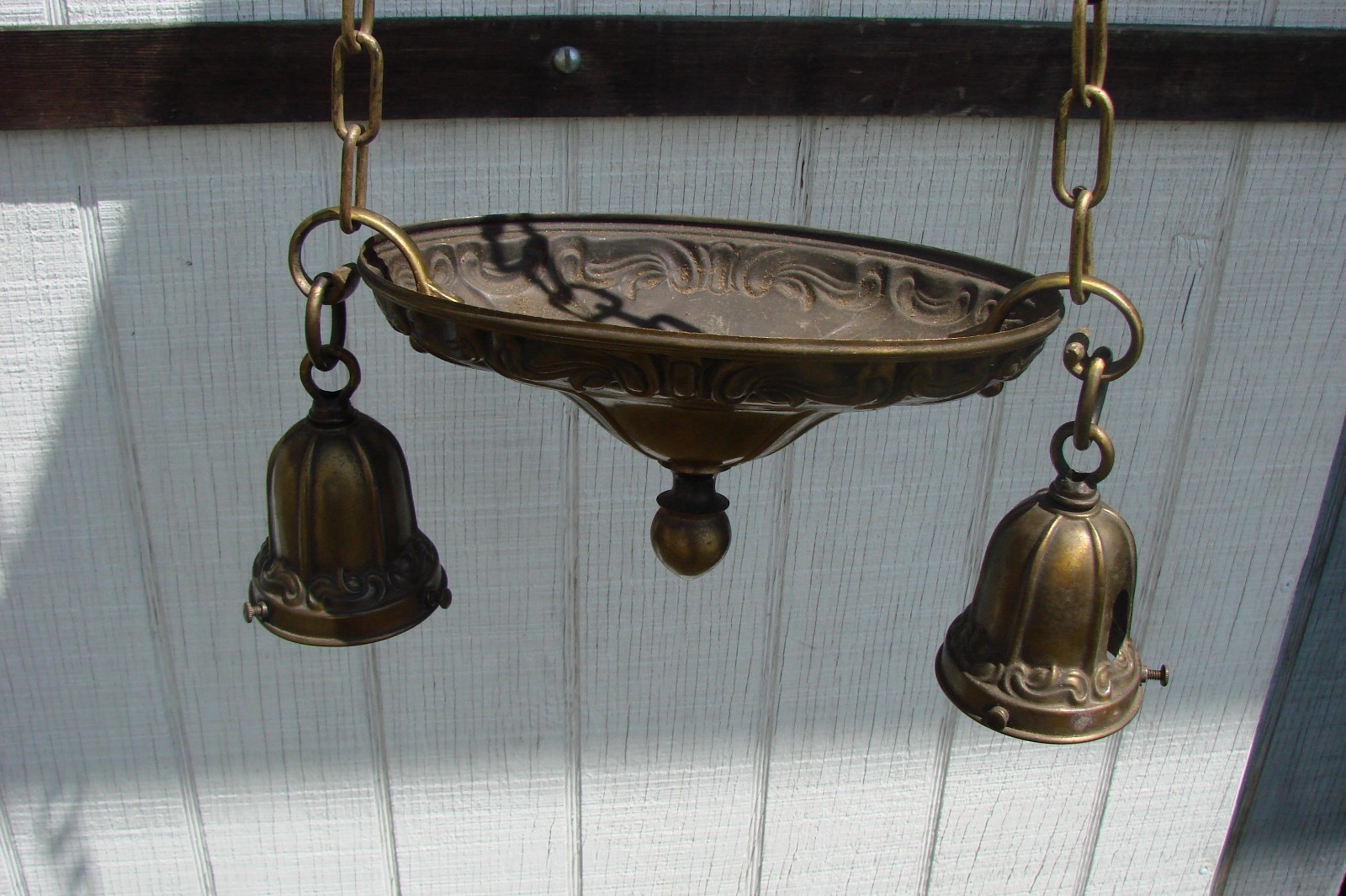 Antique Embossed Pressed Brass 2 Hanging Lights Ceiling Pan Fixture No Sockets