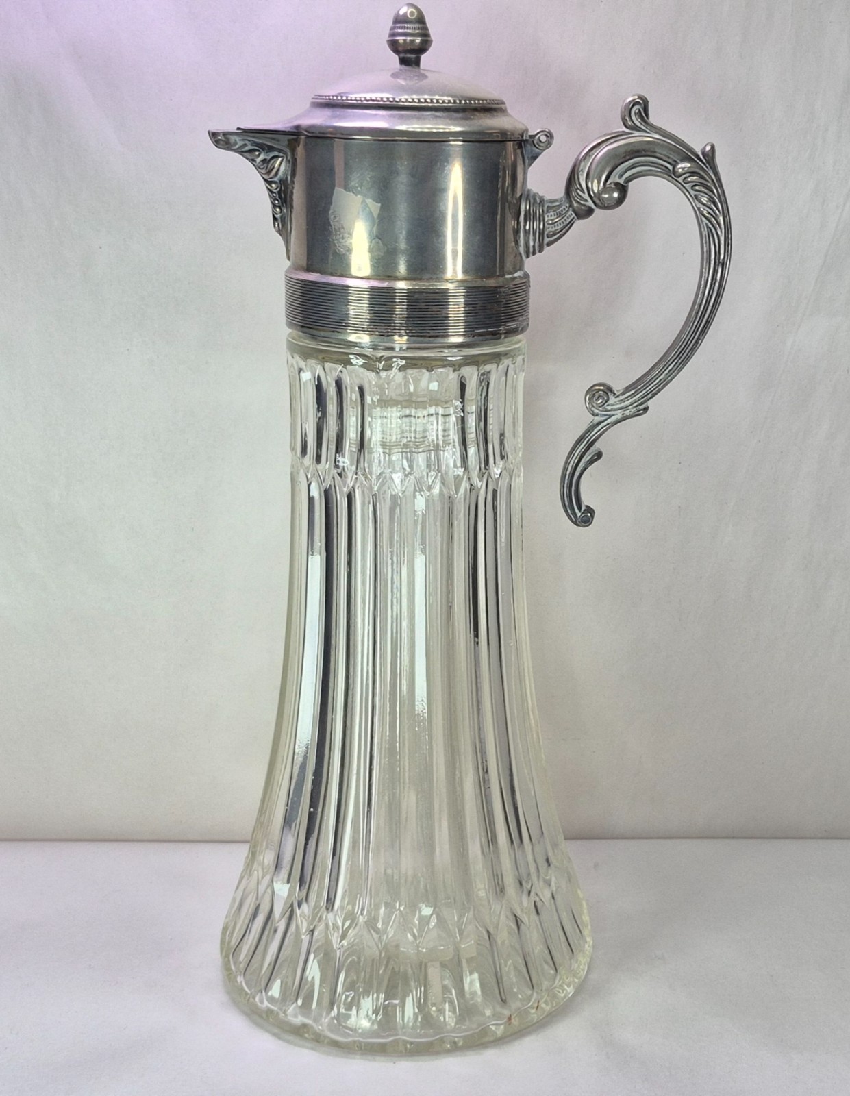 Italian 14.25″ T Silver Plate Claret Wine Decanter Cut Glass Pitcher Hinged Lid