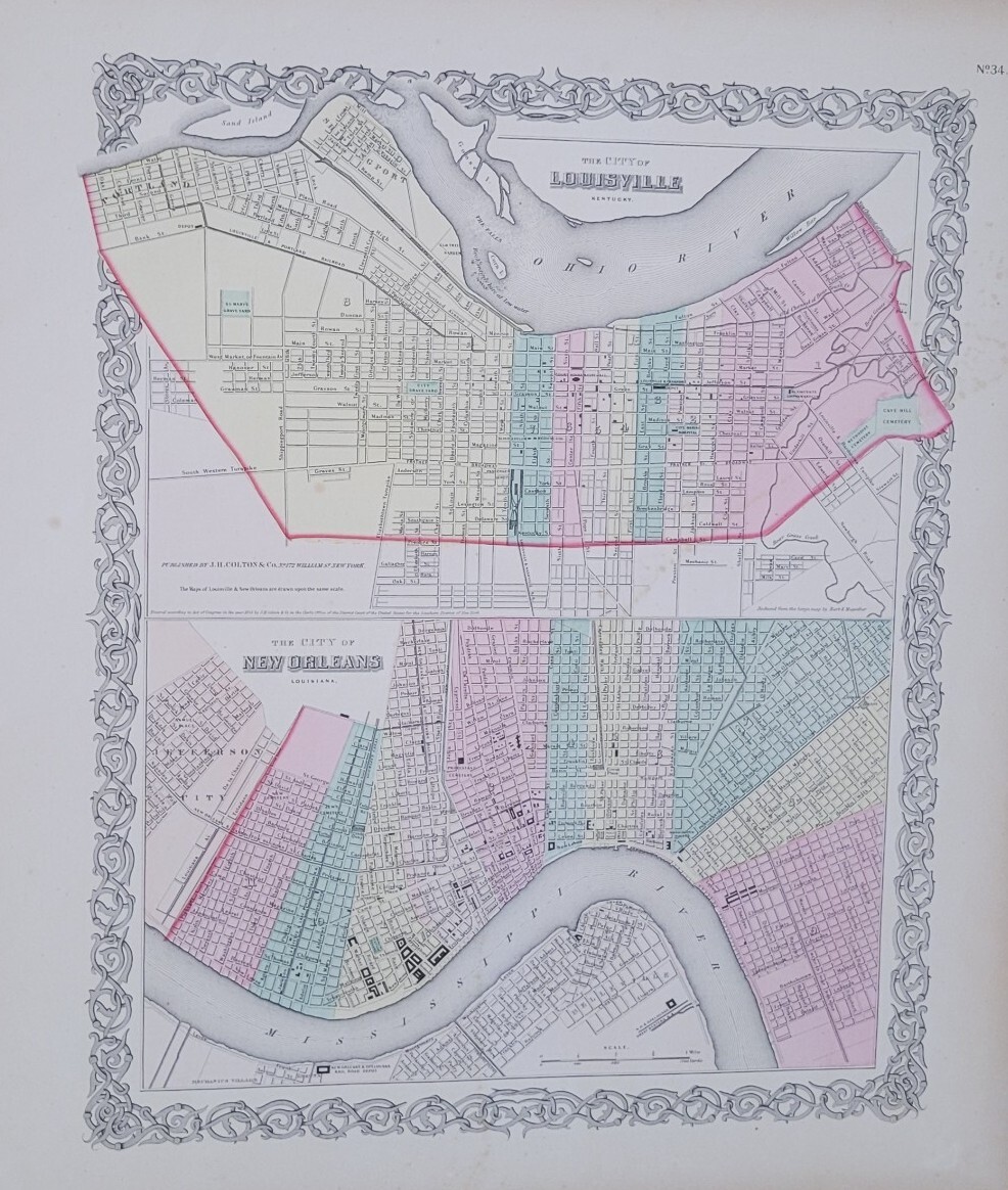 Louisville and New Orleans antique map 1856 First Edition Colton’s maps great