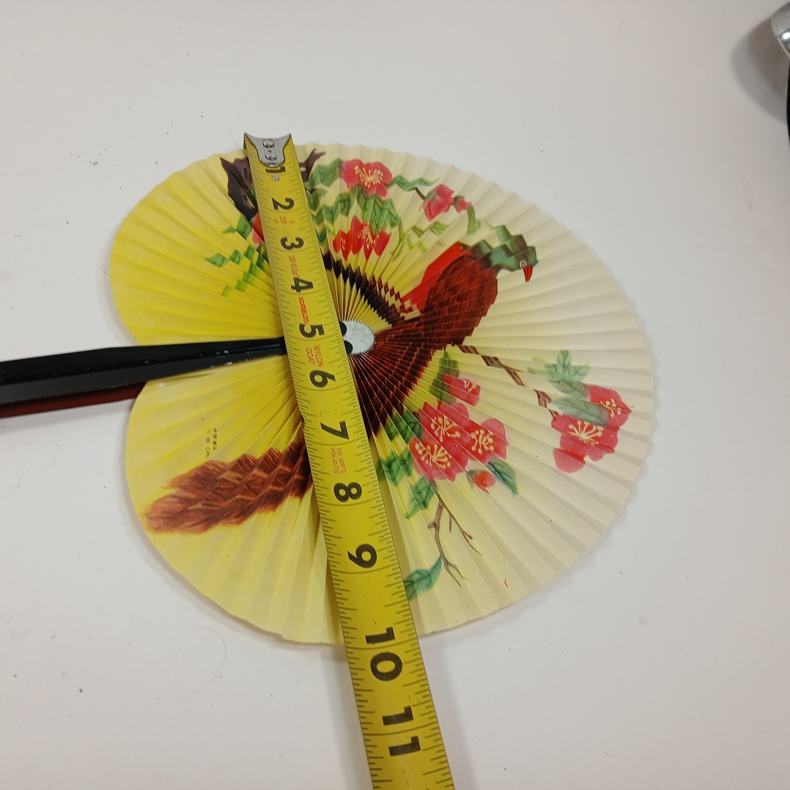 Vintage Folding Hand Fan Circular Pheasant Bird Flowers Chinese