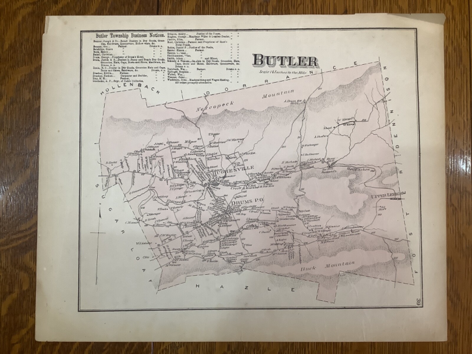 C. 1873 Hand-Colored Atlas Map Of Butler, Luzerne County, PA 12.25 x 15.25”