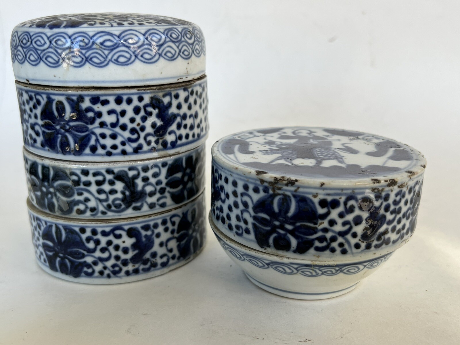 Antique Chinese Blue HP Figural Man 6 Stacking Lunch Box Jianding Wax Hallmarked