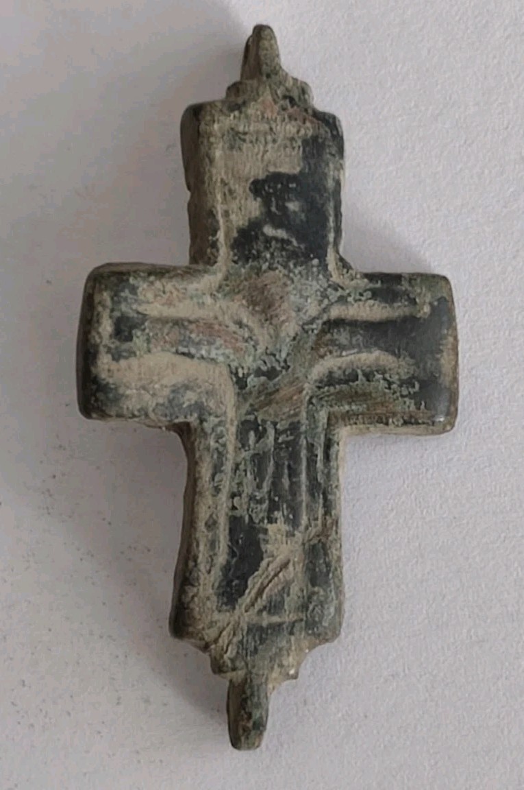 RARE ANCIENT BYZANTINE BRONZE RELIQUARY CROSS WITH JESUS CHRIST 1000-1200 AD