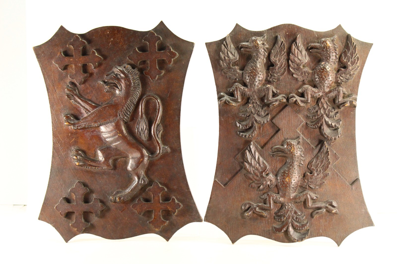 = Pair 19th C. Carved Oak Armorial Shields Eagles, Lion Rampant, Maltese Crosses