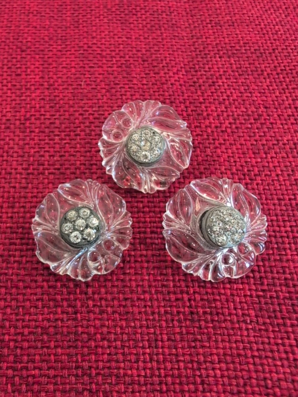 Vintage Clear Depression Pressed Glass Buttons with Rhinestones , Lot of 3