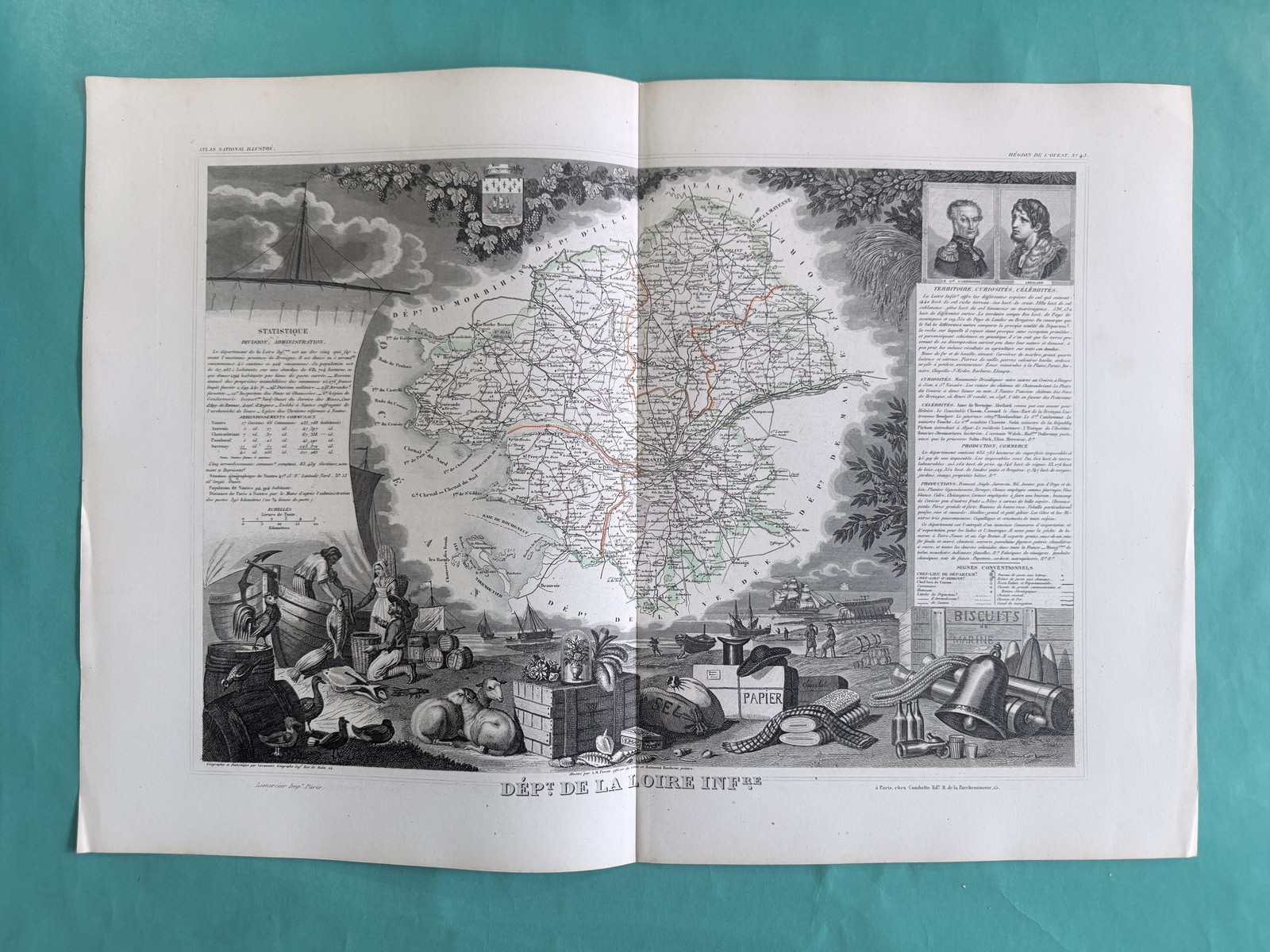 1856 Levasseur Map Loire Inferieure France Nantes St Nazaire Hand Colored