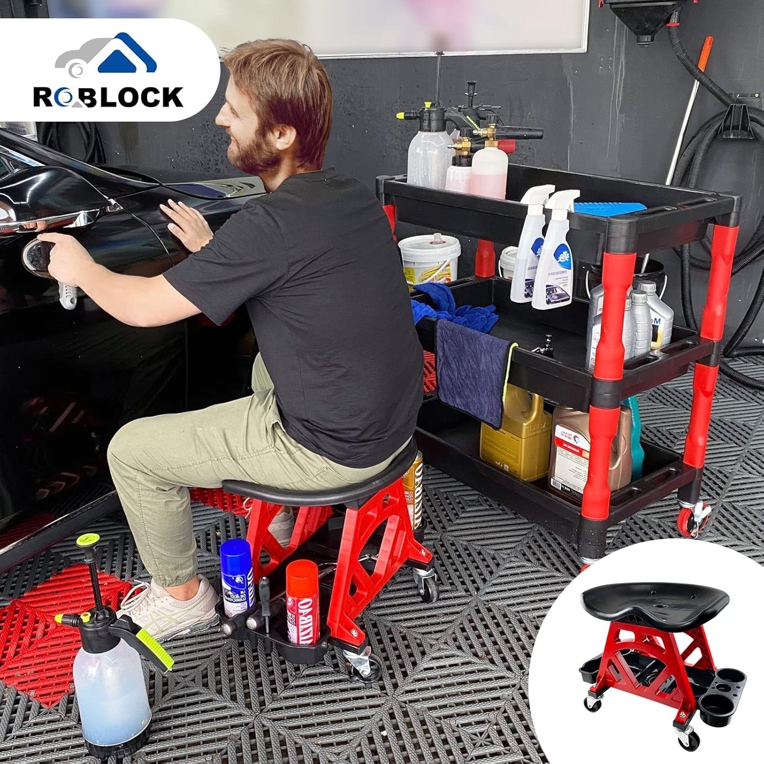Durable Mechanic Stool Chair with Wheels, Heavy Duty Garage Shop Stool On Wheels