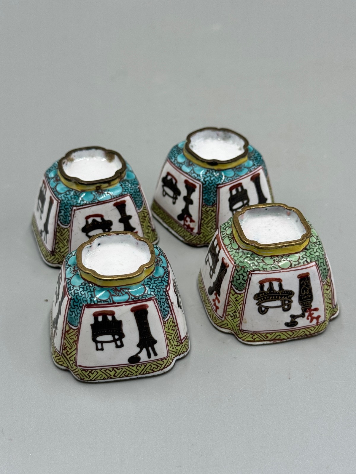 Lot of 4 Antique 18th c Chinese Qianlong Cloisonne Bogu Cups 1 3/4″