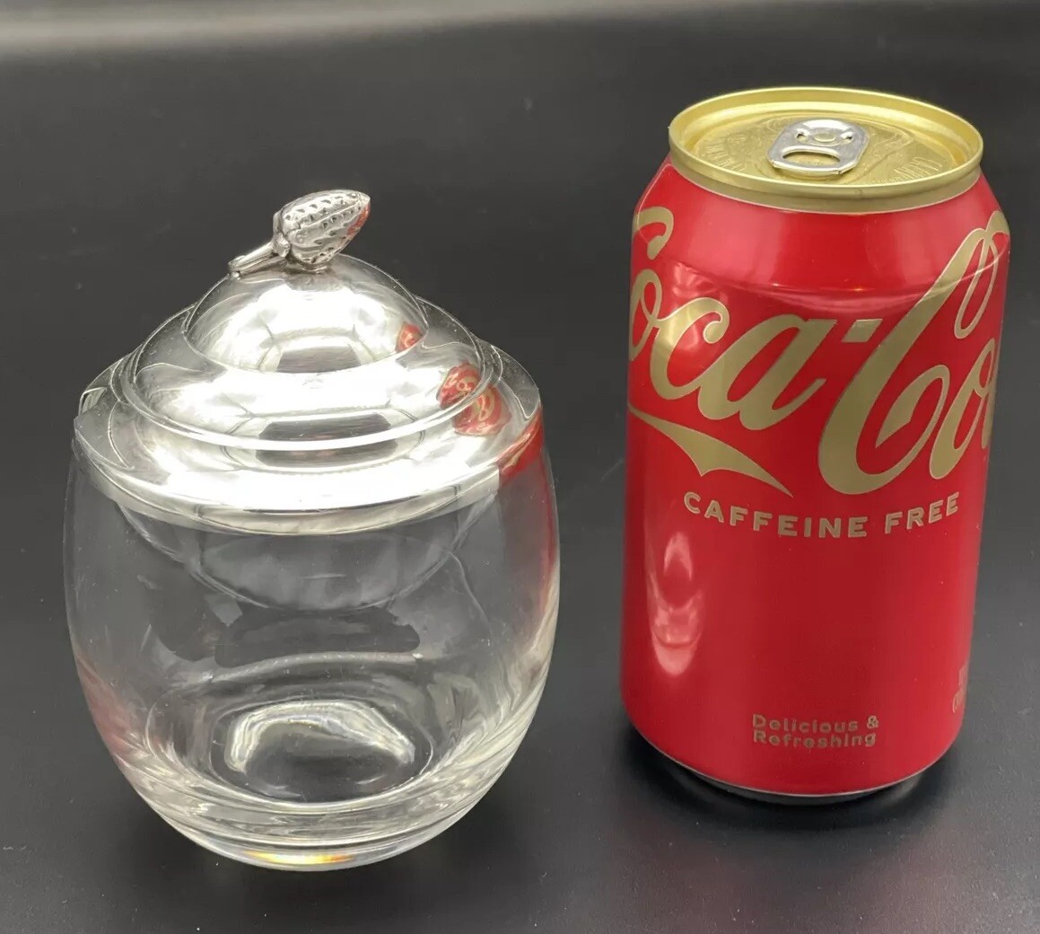 Unusual Sterling Silver Strawberry Topped Glass Jelly / Jam Jar