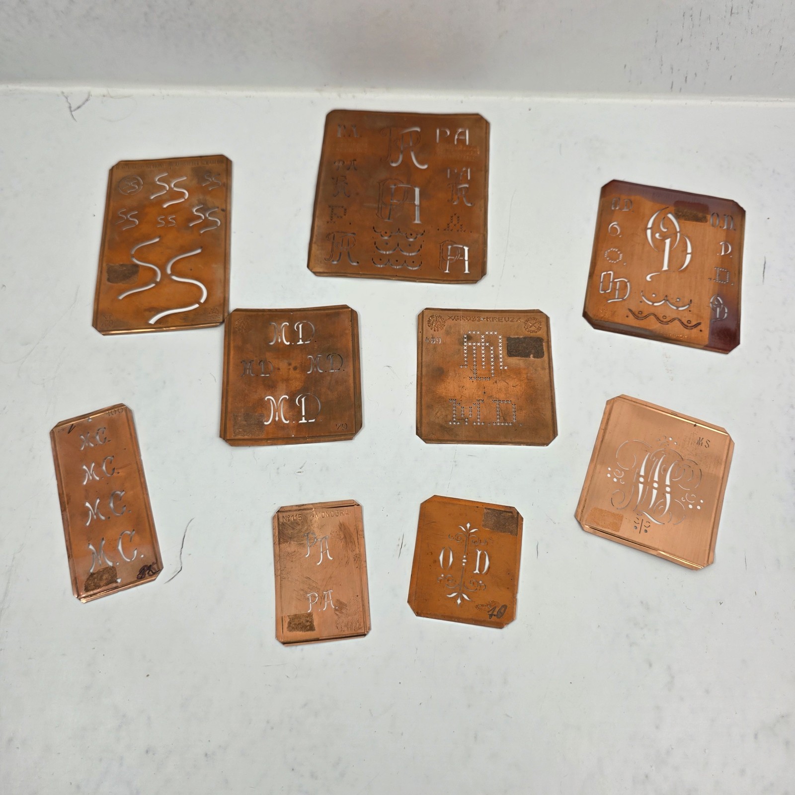 Antique Copper Stencils Lot of 9 Initials Monogram Embroidery Trousseau German