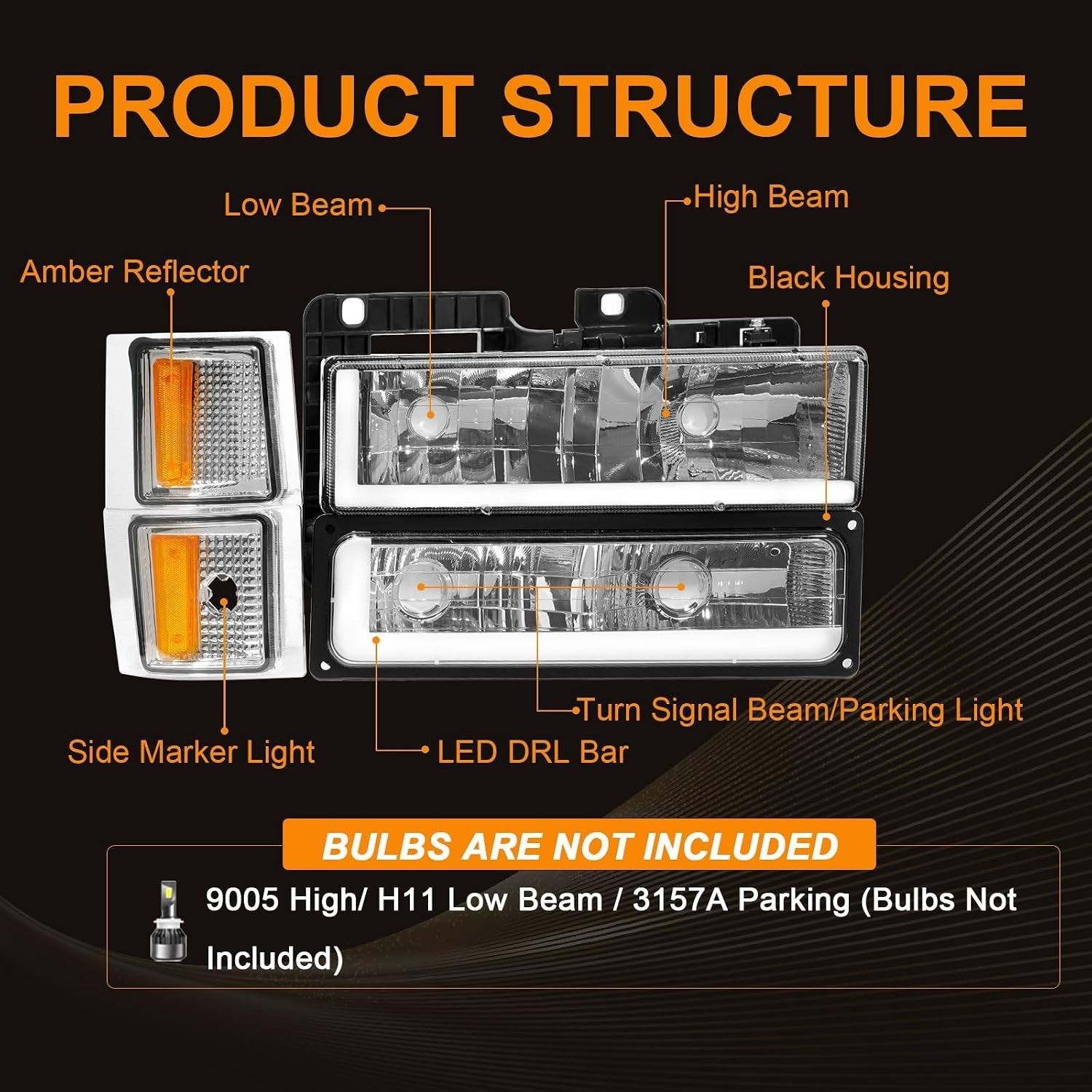 LED DRL Headlight Assembly for 1994-1998 Chevy Silverado Tahoe Suburban C10, Fit