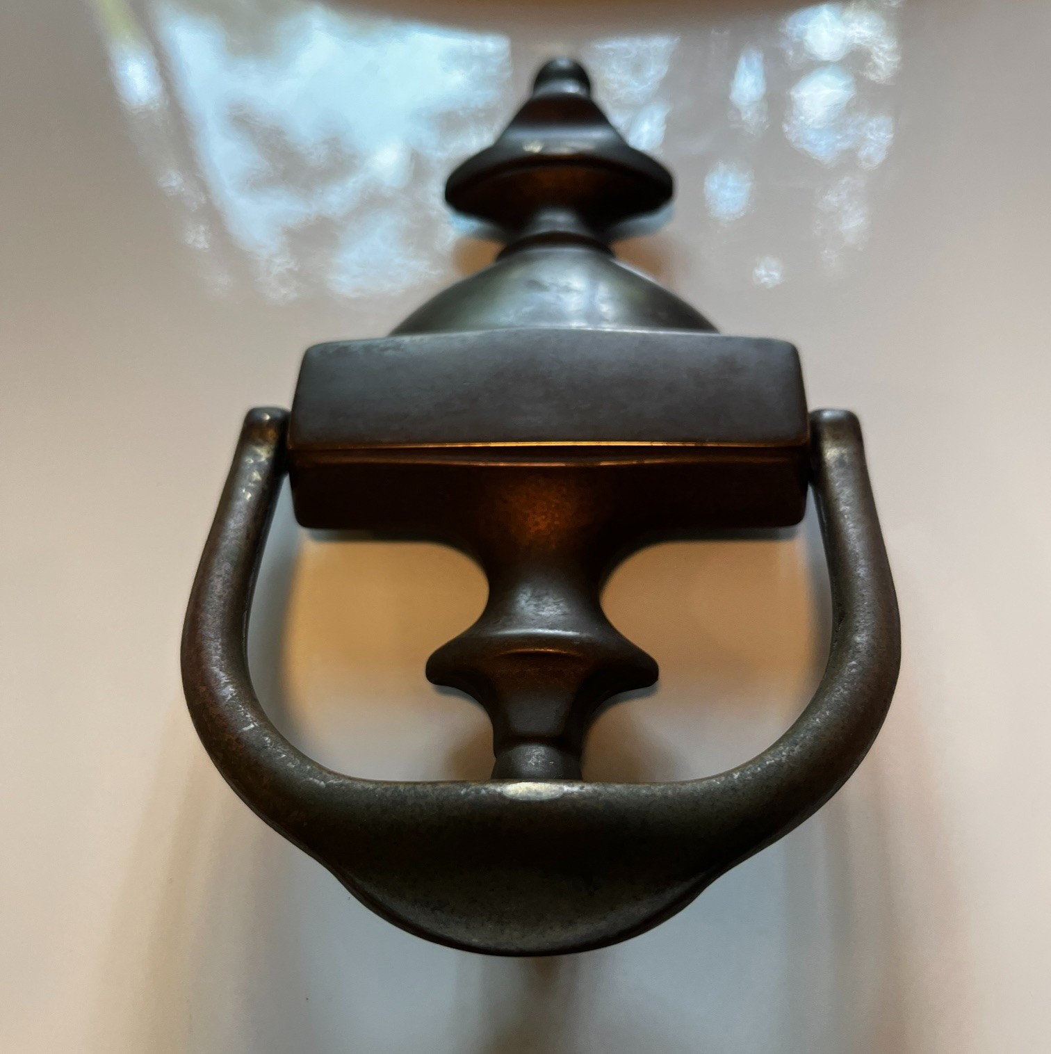 Solid Brass Vintage Door Knocker with original mounting hardware: 8 in x 4 in