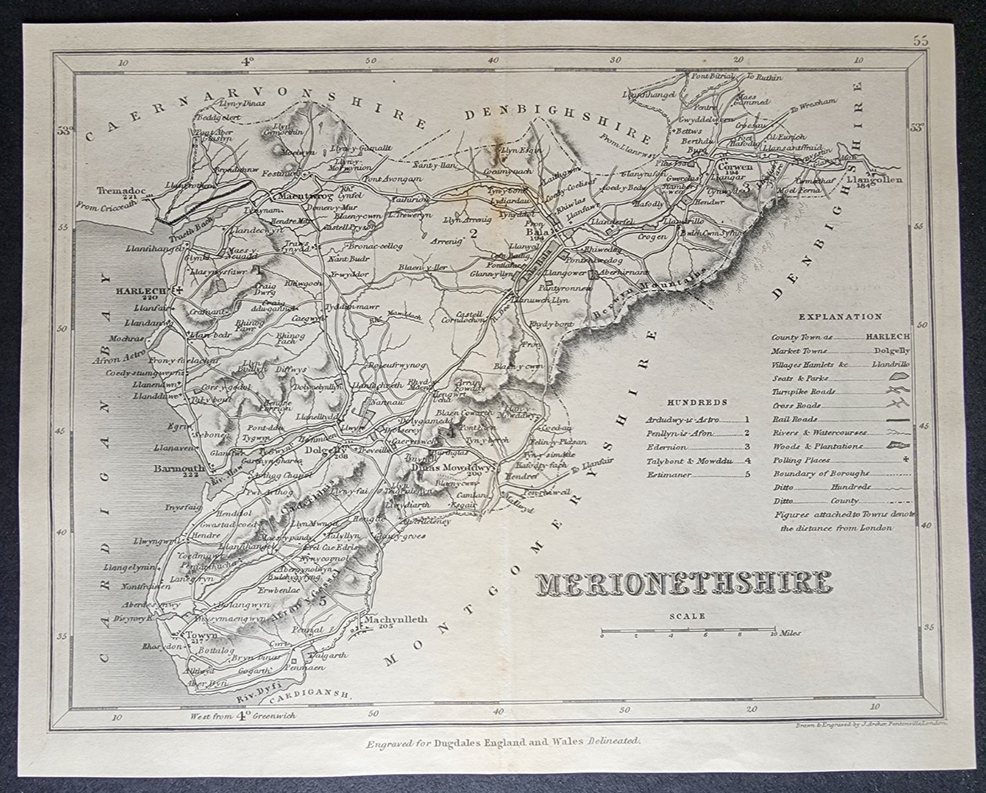 Antique c. 1850 county map – Merionethshire – Wales – Joshua Archer