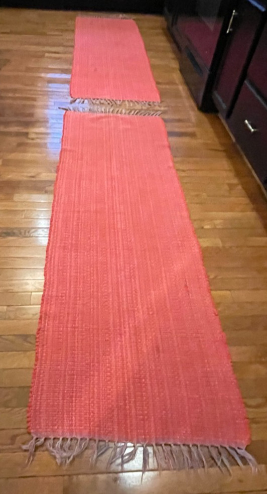 2 VTG Red mix Swedish Hand Made Rag Rug (26 x 80 inches EACH) 1930s