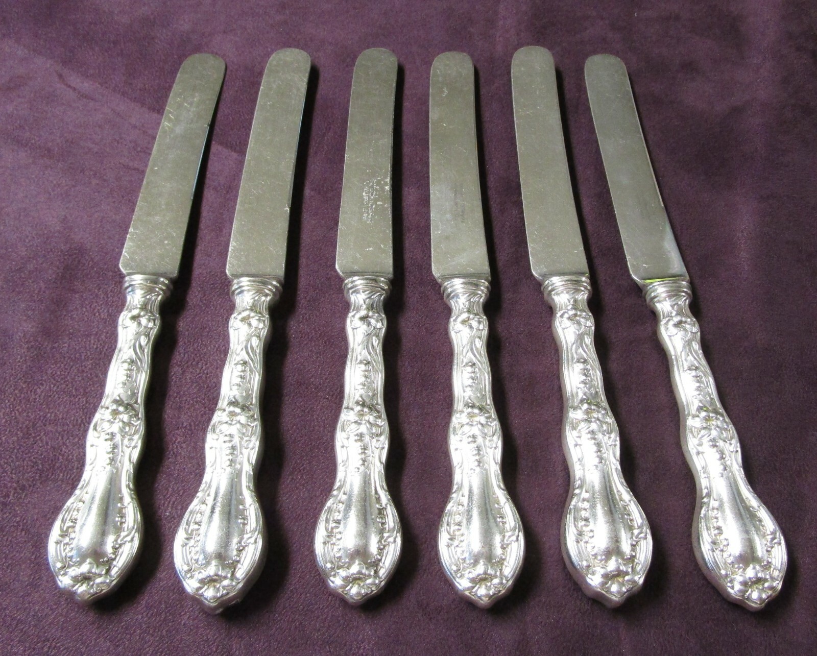 FLORETTE 6 Hollow Handle Dinner Knives Art Nouveau Silverplate 1909 No Monograms