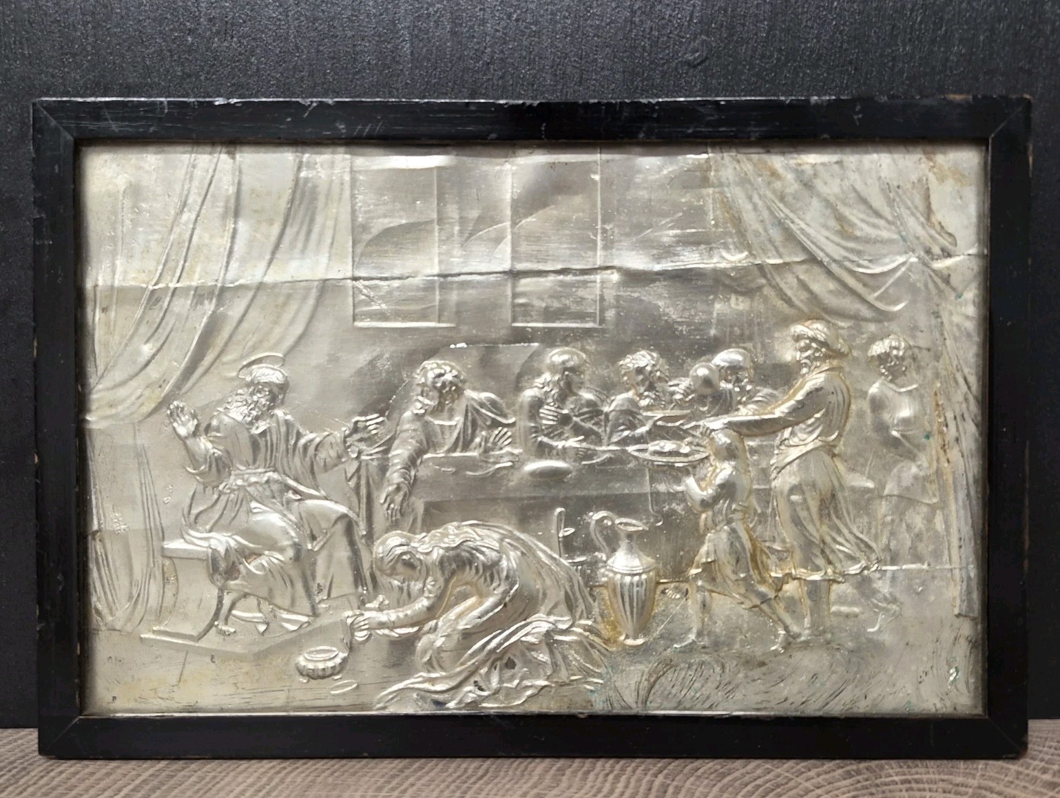 ANTIQUE BAS RELIEF LAST SUPPER SILVERED ANDREW DUTHIE SCOTTISH GALLERY LABEL 10″
