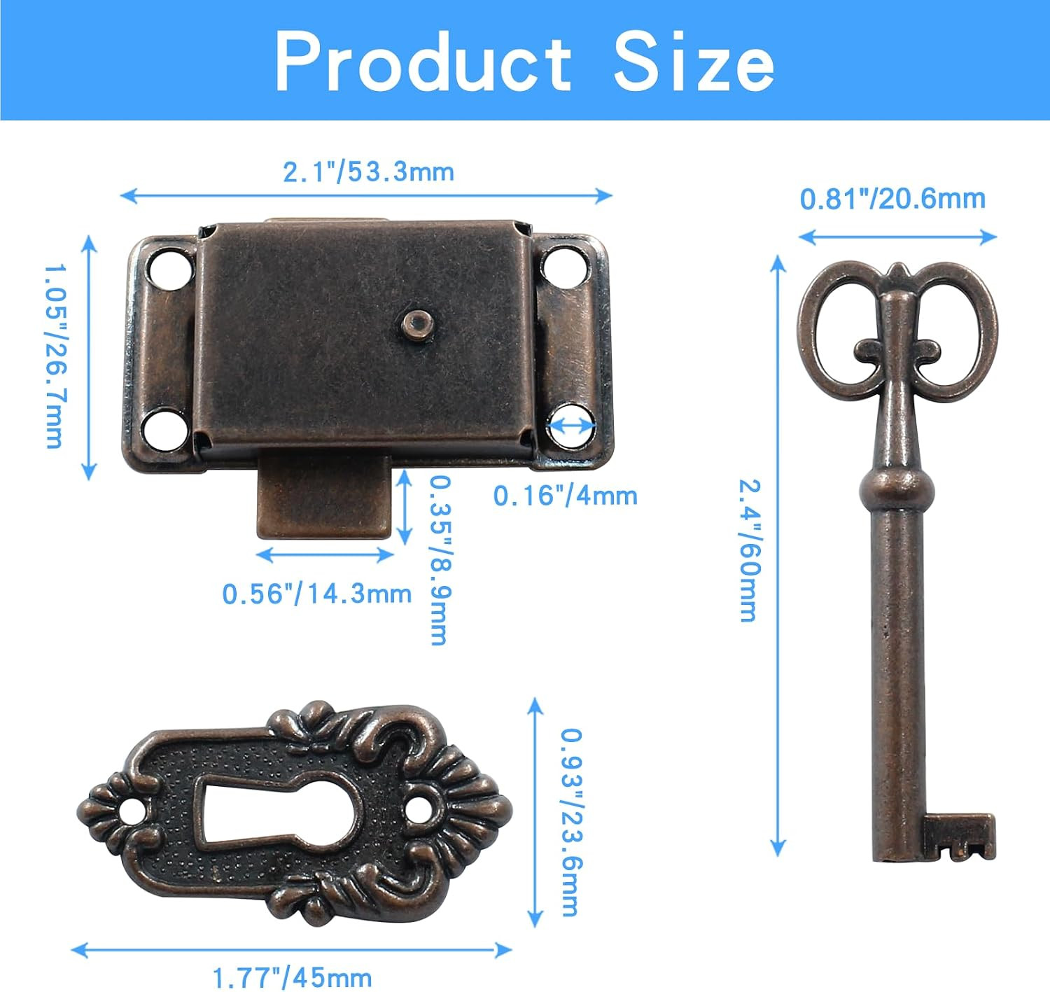 2 Sets Antique Skeleton Key Lock Antique Cabinet Cupboard Furniture Decorative L