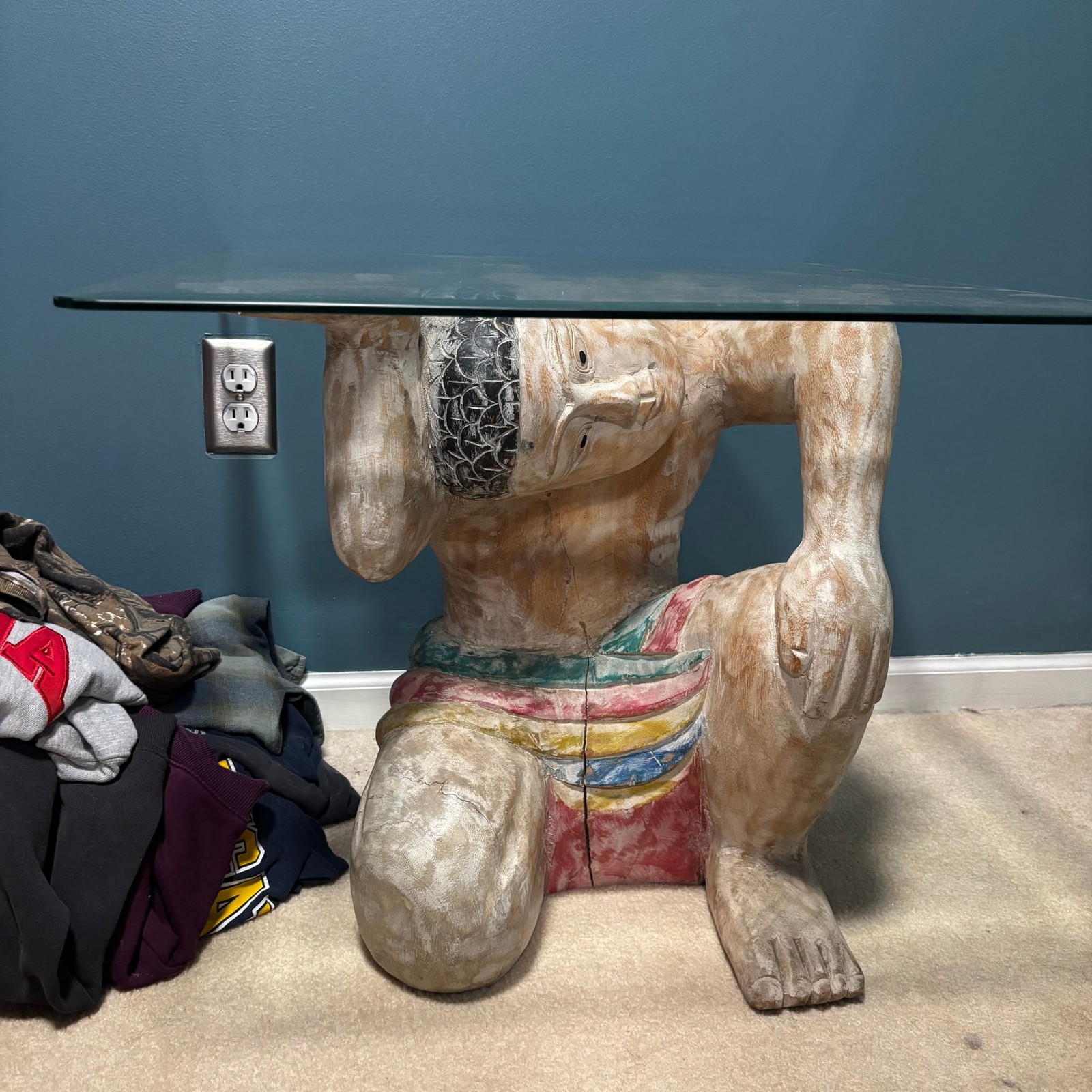 1960’s Polychrome Hand-Carved Wood Figural and Glass Coffee Table