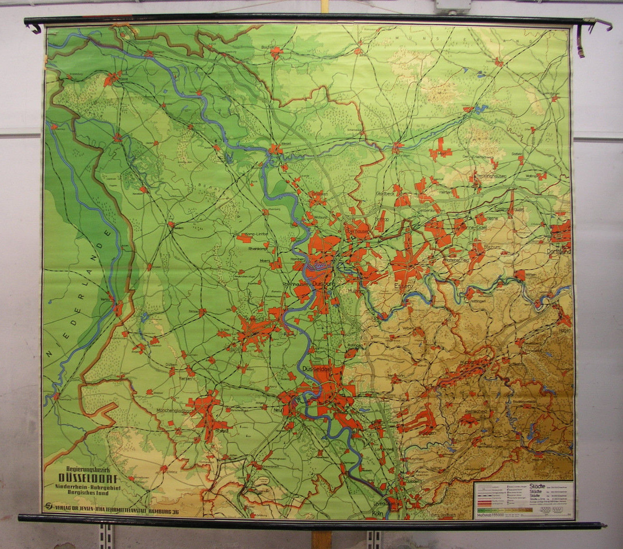 Beautiful Old School Wall Map Regierungsbezirk Düsseldorf ~ 1957 197×182 Vintage