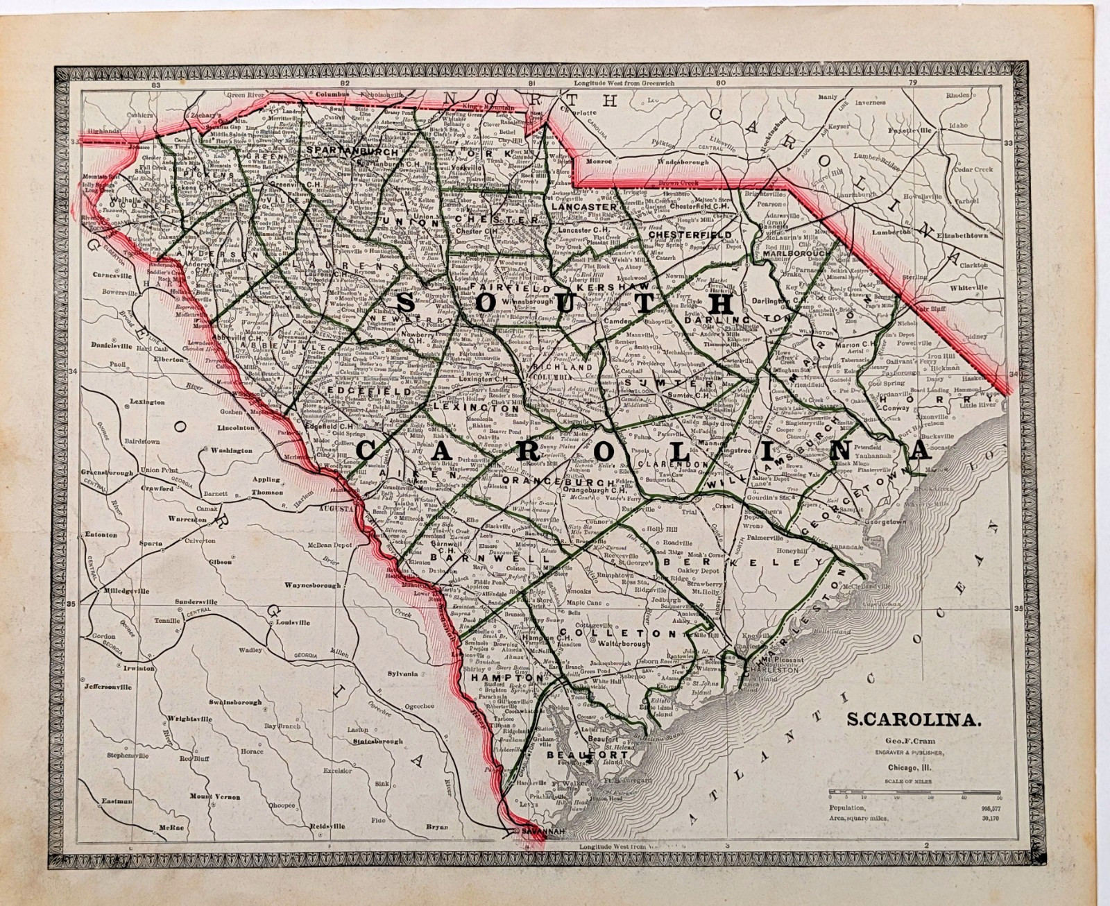1883 SOUTH CAROLINA Map ORIGINAL (12×10) Charleston – Spartanburgh ANTIQUE