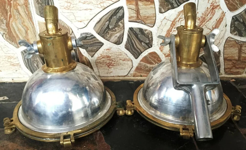 Vintage Nautical Marine Pendant Hanging Spot Cargo Light Aluminum & Brass 2 Pcs