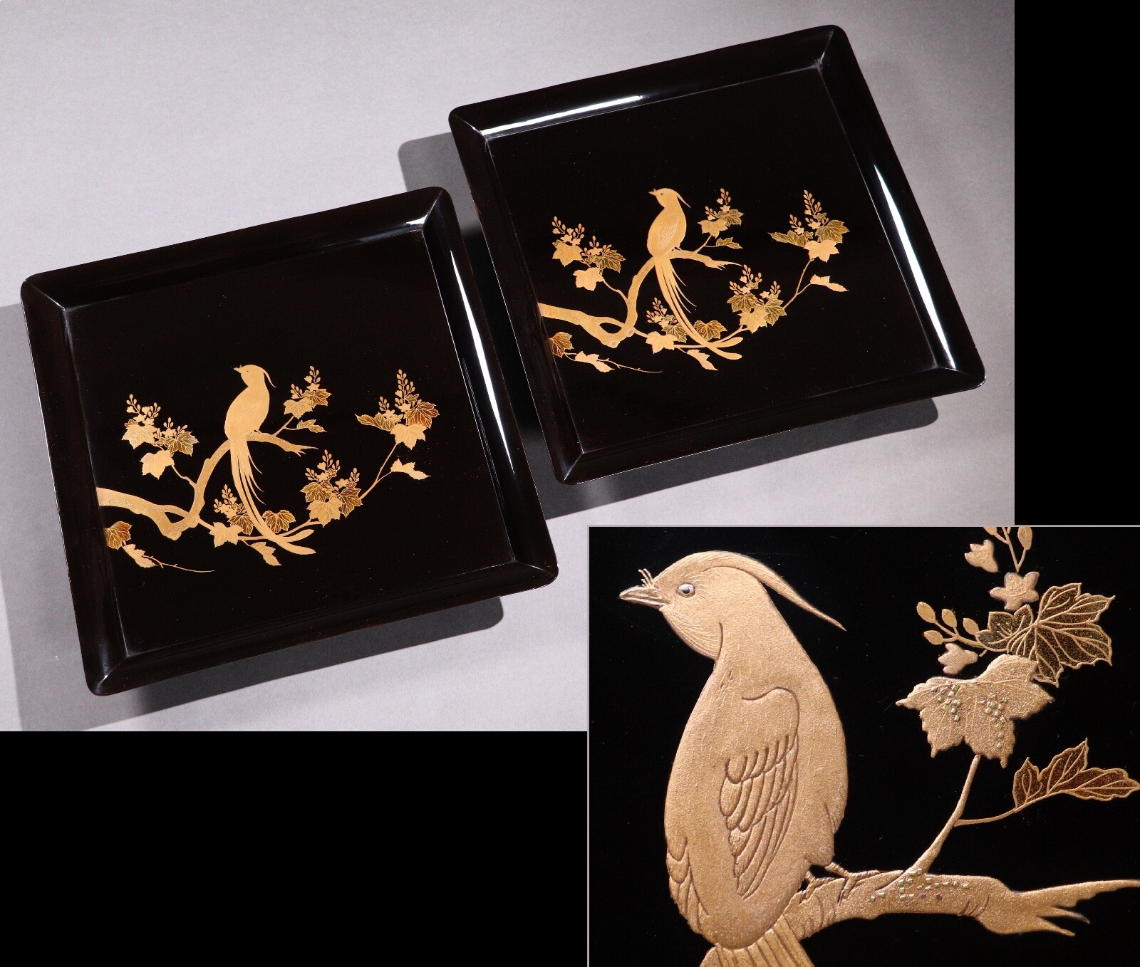 Antique Japanese Lacquerware Wooden Tray Gold Magpie Bird Pattern Meiji Era