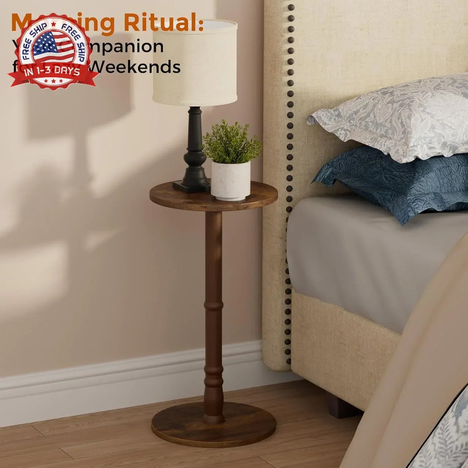 Homleke 12″ Round Side Table, Solid Wood Pillar with Wood Top & Base, Small Drin