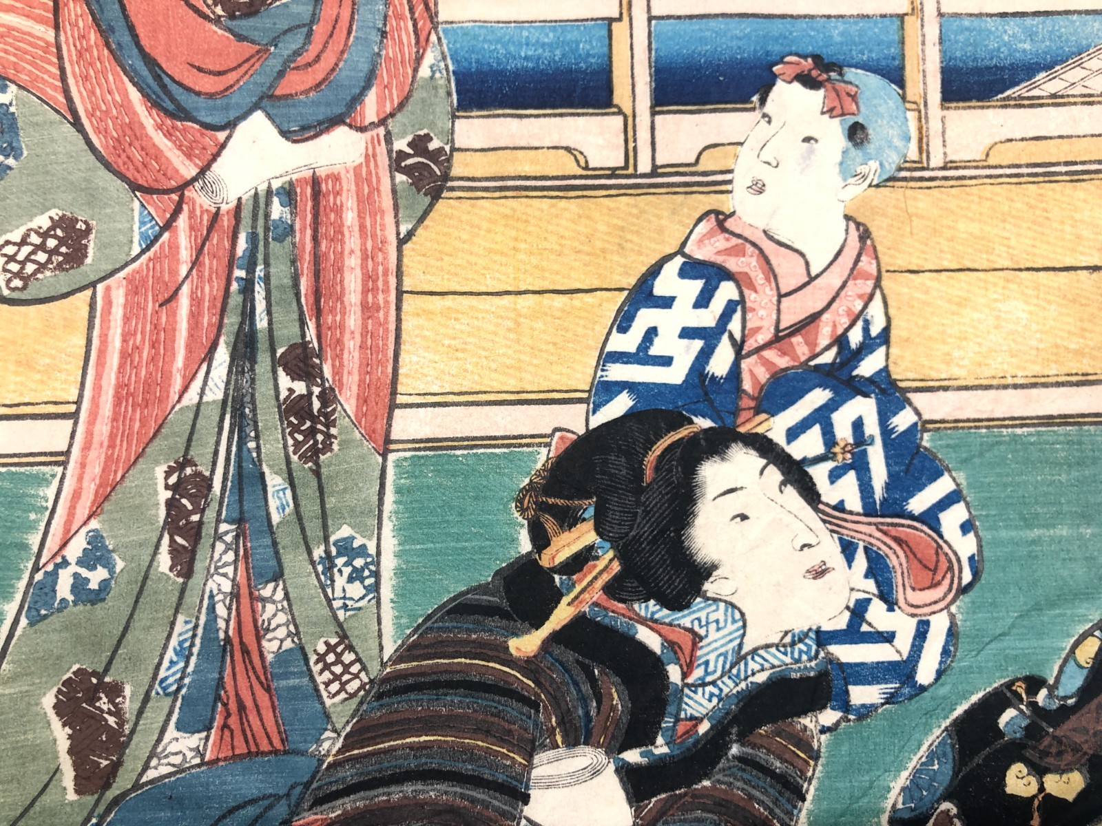 Toyokuni Woodblock Print: Tale of Genji? Beauty on balcony