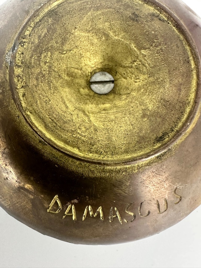 ANTIQUE PRIMITIVE PAIR Signed DAMASCUS Brass Chamberstick Thumb Rest/Finger Loop