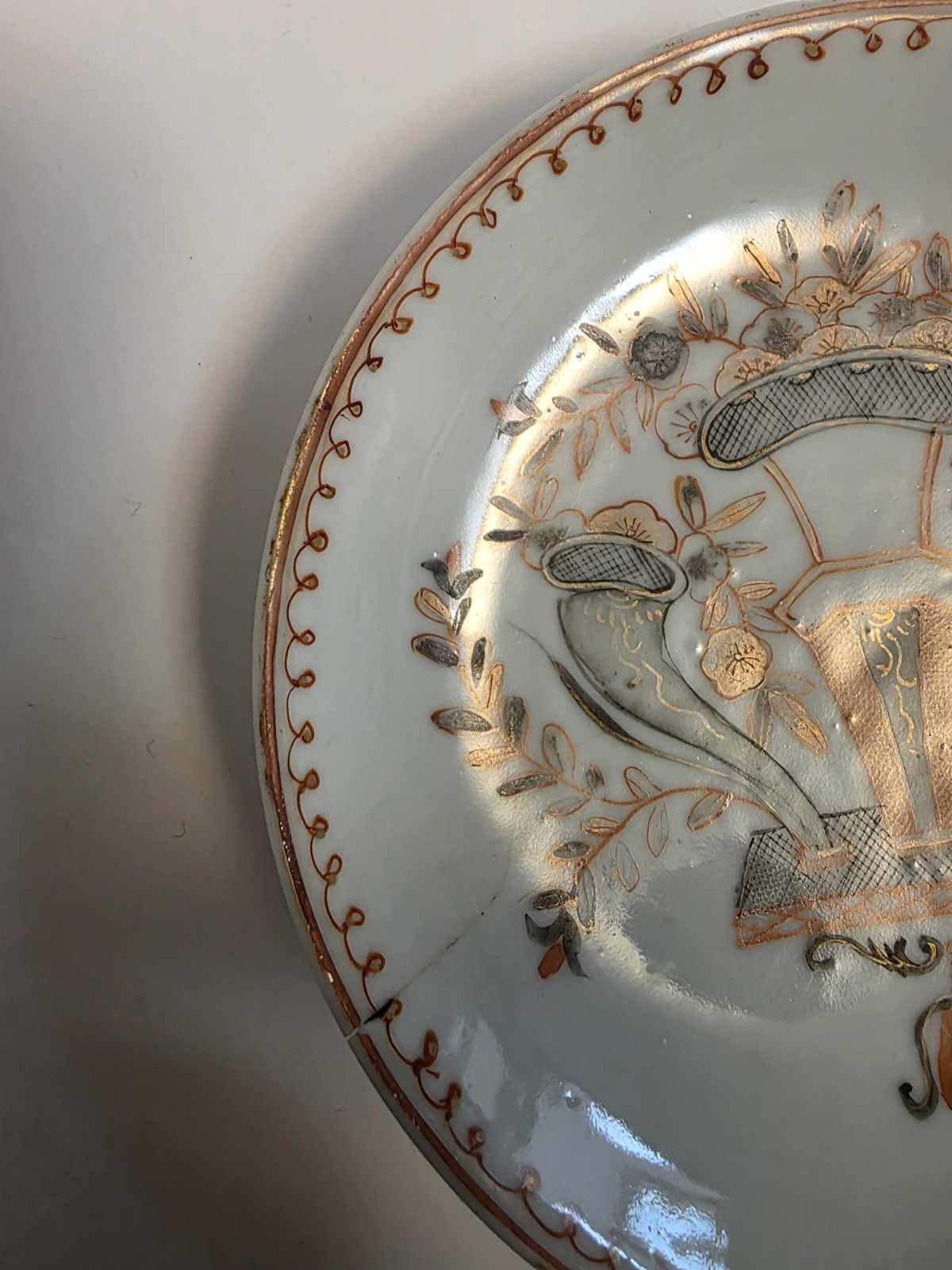 Antique Chinese Rouge de Fer Saucer 17th 18th Cent Kangxi red grey Porcelain