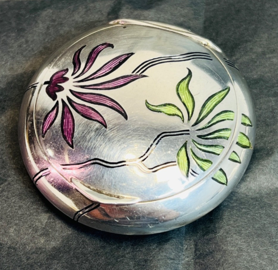 Art Nouveau Georg Adam Scheid G.A.S Silver Partial Enamel Flower Round Pillbox