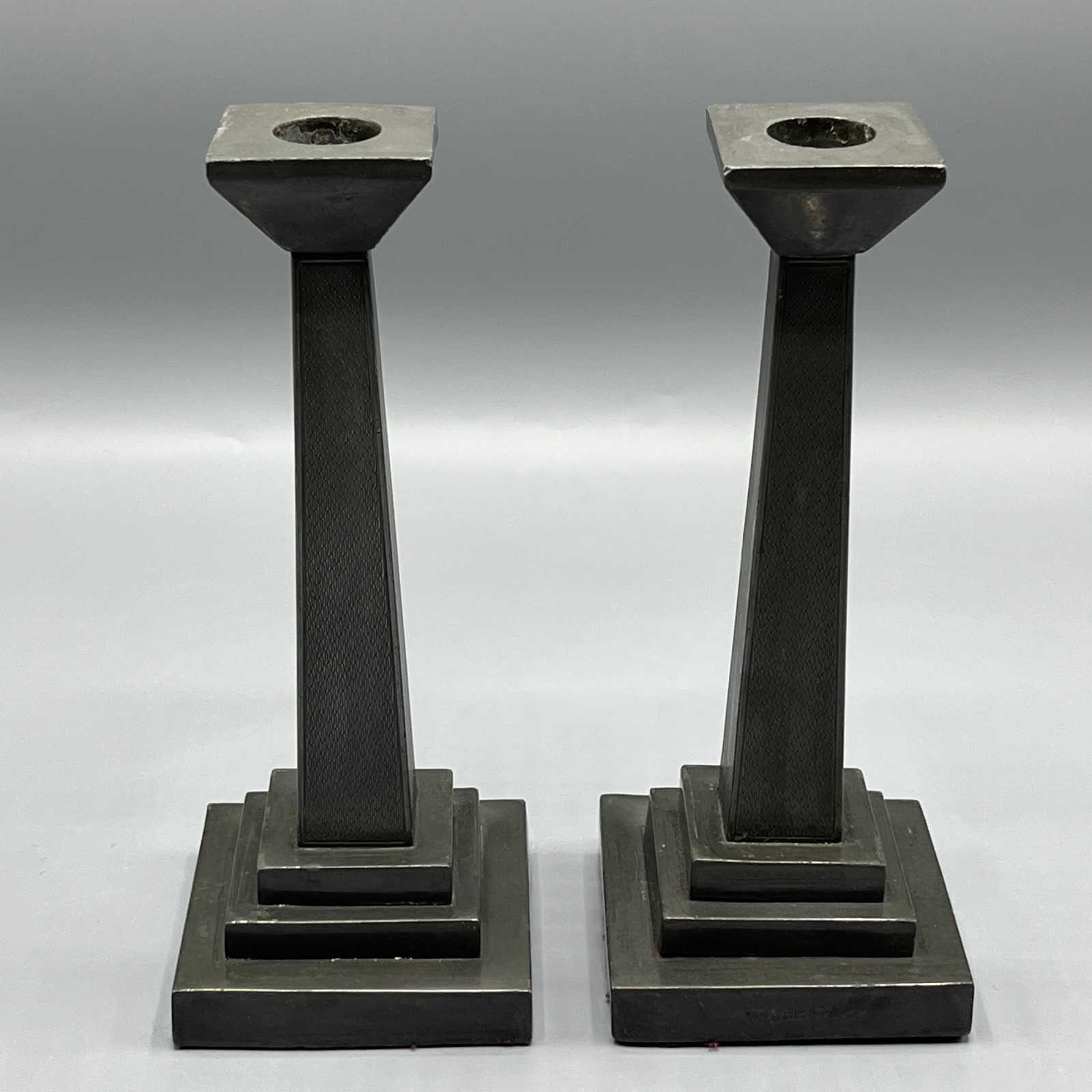 Pair Antique Pewter Candlesticks Art Deco c1930 Engine Turned English Vintage