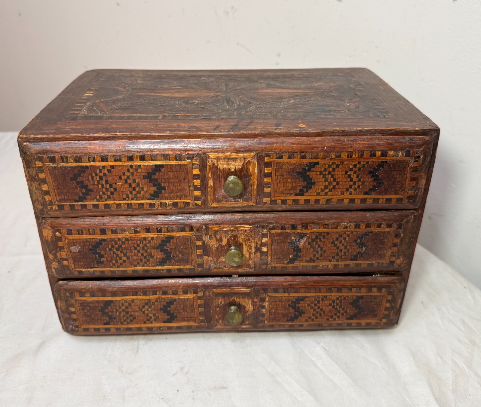 Antique 19th century handmade wood veneer marquetry jewelry box dresser chest