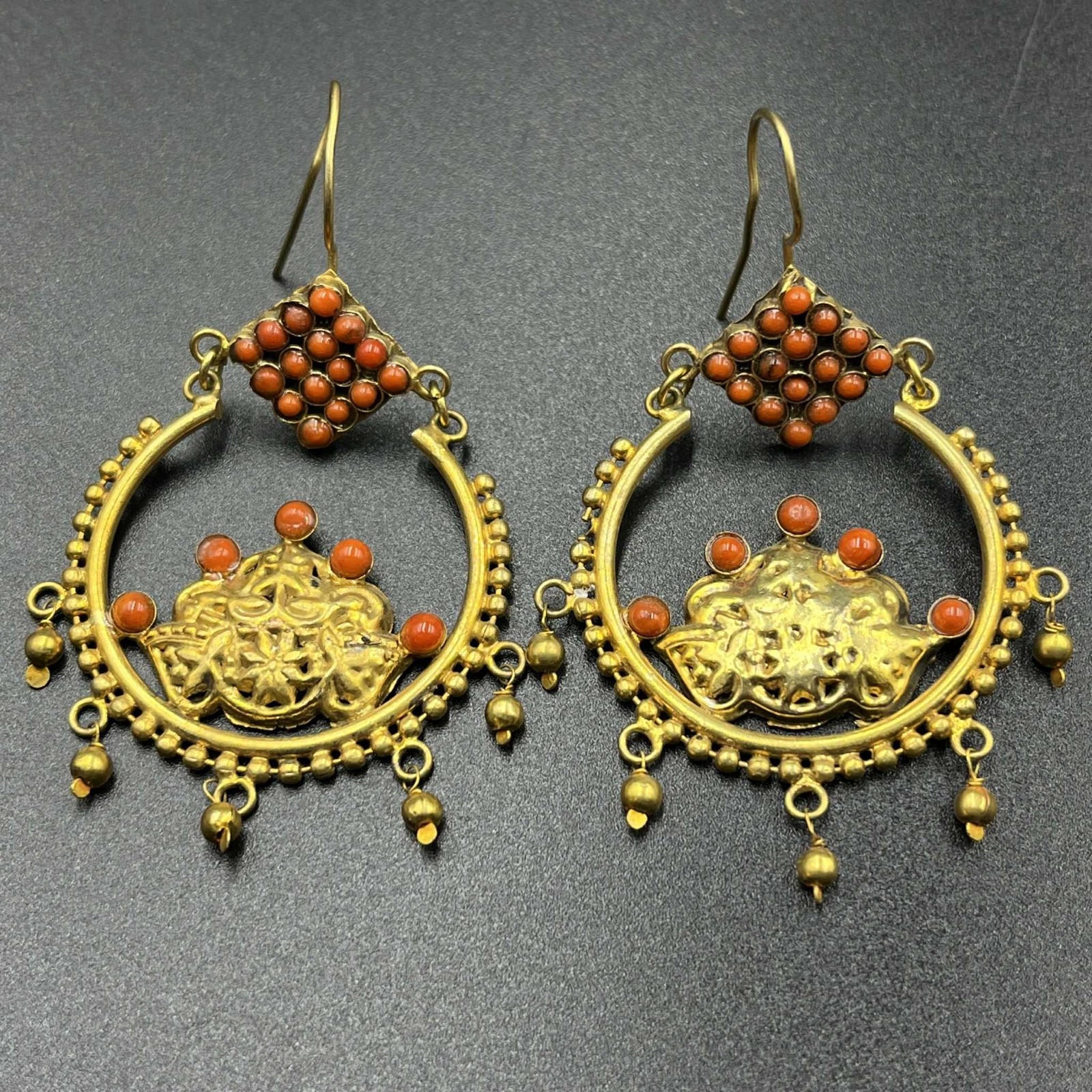 Vintage Turkmen Afghan Traditional silver Gold Plated Boho Earring With Stones