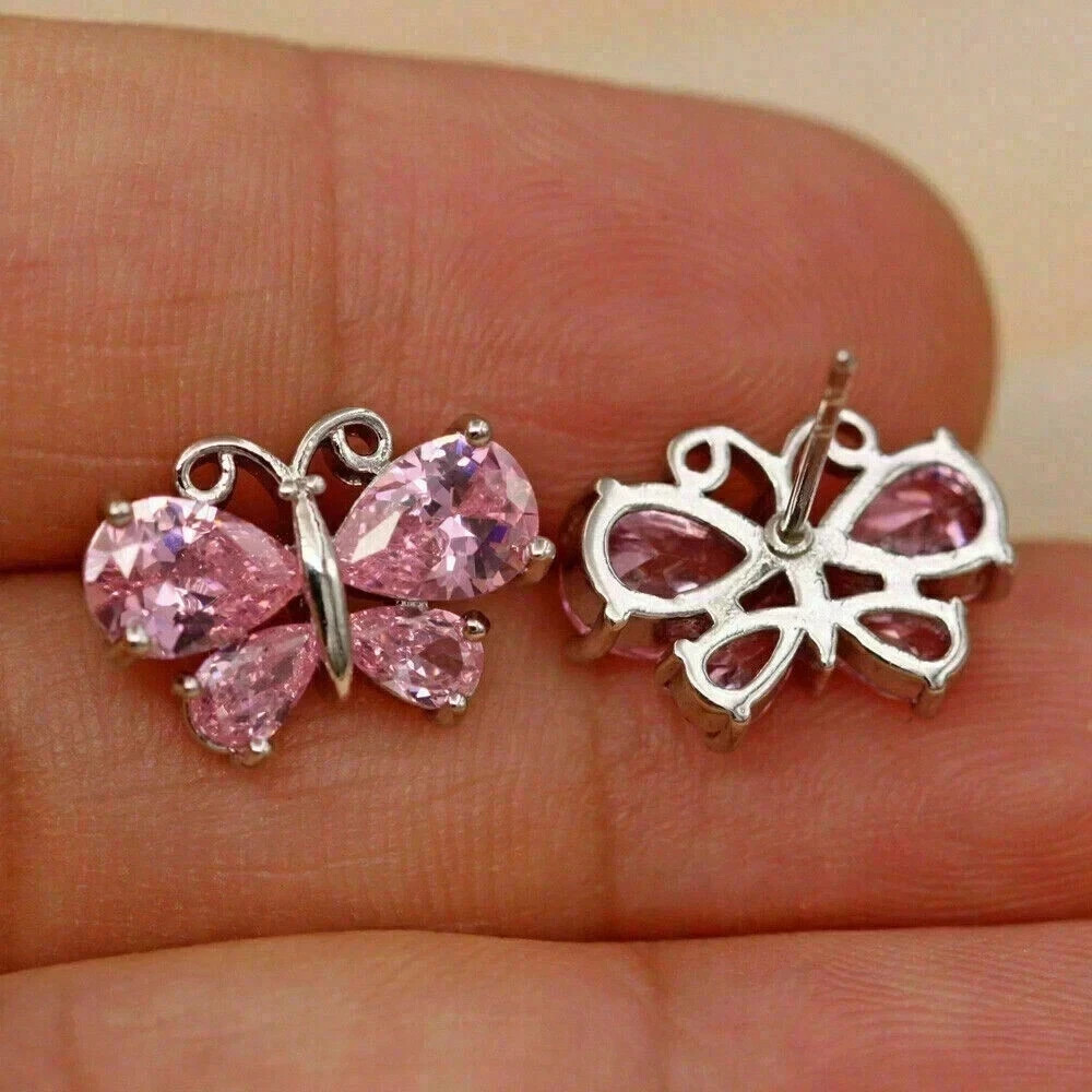 2Ct Pear Cut Lab Created Sapphire Butterfly Stud Earring 14K White Gold Plated