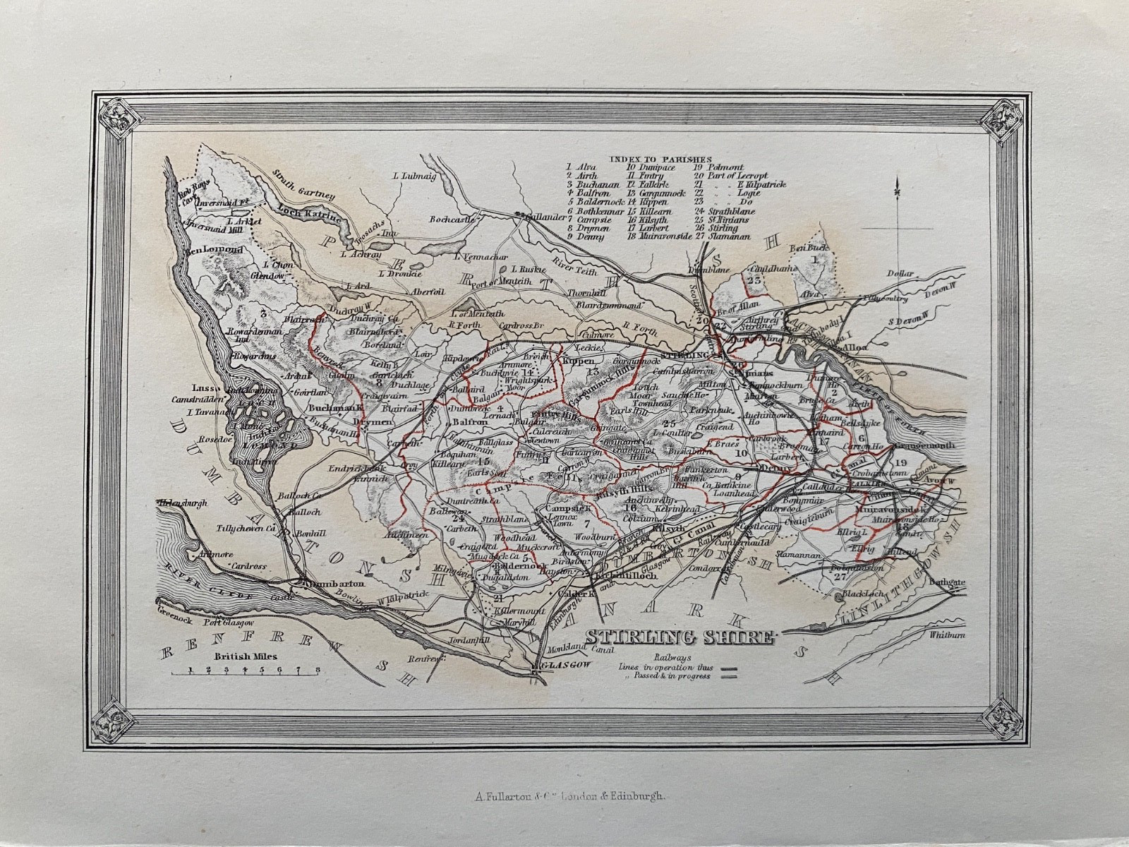 1857 Antique Map: County of Stirling / Stirlingshire, Scotland